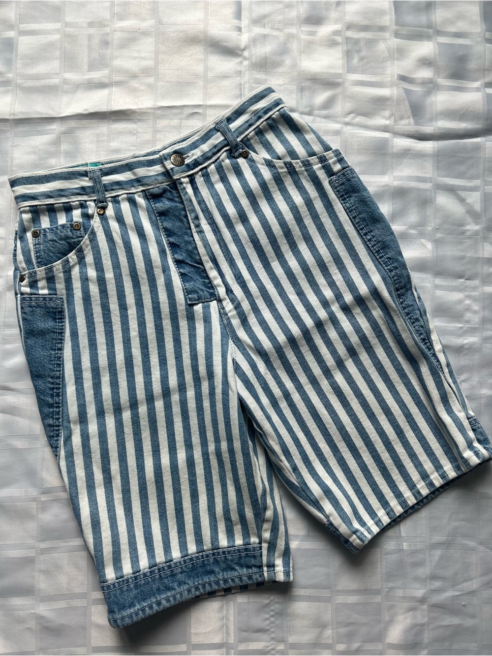 Vintage Patch & Striped Blue & White Denim Shorts